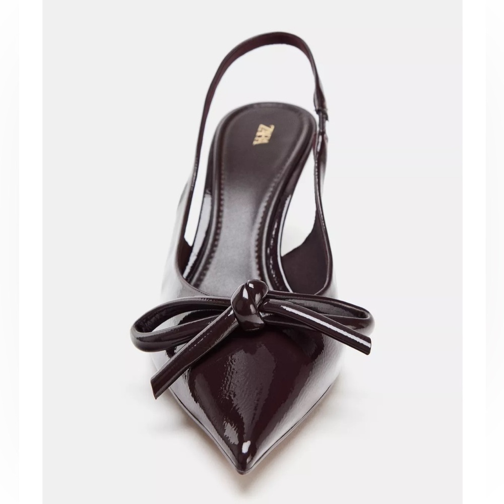 Zara NWT brown bow heeled patent slingback heels - Picture 3 of 7